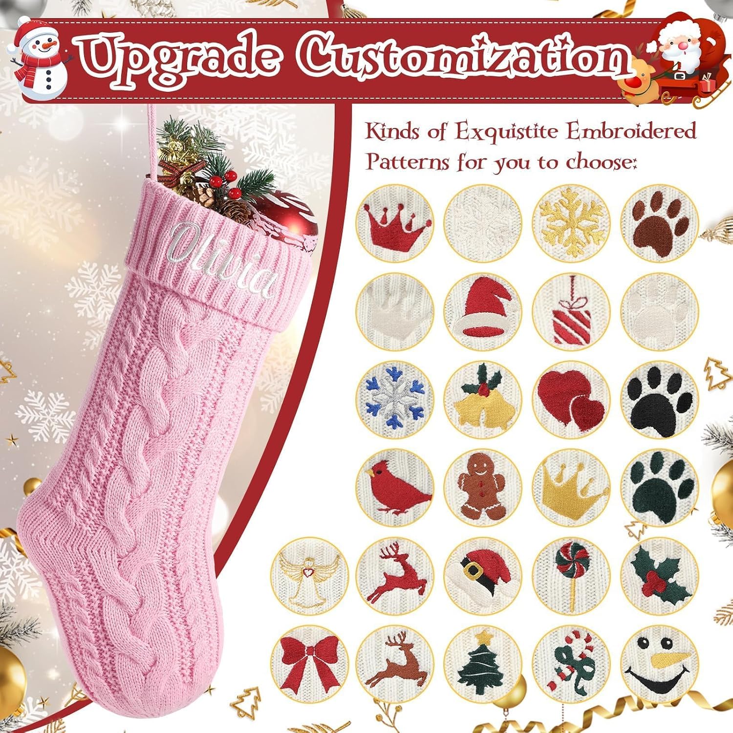 Personalized Christmas Stockings with Christmas Cards,Custom Embroidered Name Monogram Christmas Stocking for Baby Kids Girl Family,18" Large Pink Knit Xmas Stockings for Fireplace Decor