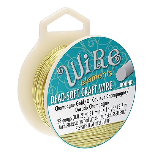 The Beadsmith Wire Elements Craft Wire – Tarnish Resistant, Soft Temper, Round, Champagne Gold Color – 0.32mm, 28 Gauge, 15 Yard Spool – Jewelry Making, Wire Wrapping, Floral, & Other DIY Crafts