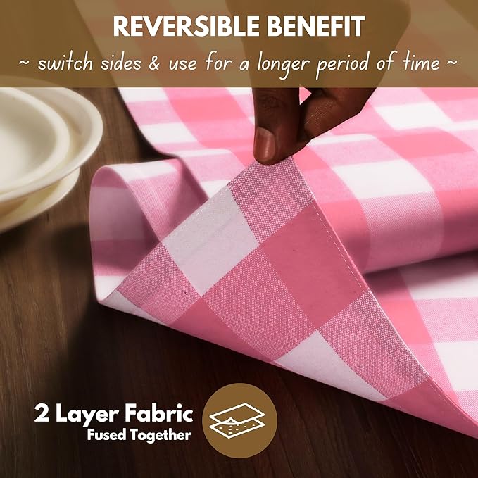 Native Fab Table Runner Buffalo Check Plaid 100% Cotton - 13x90 Inches Kitchen Dining Table Decoration for Indoor Outdoor Farmhouse Home Party Decor - Pink and White