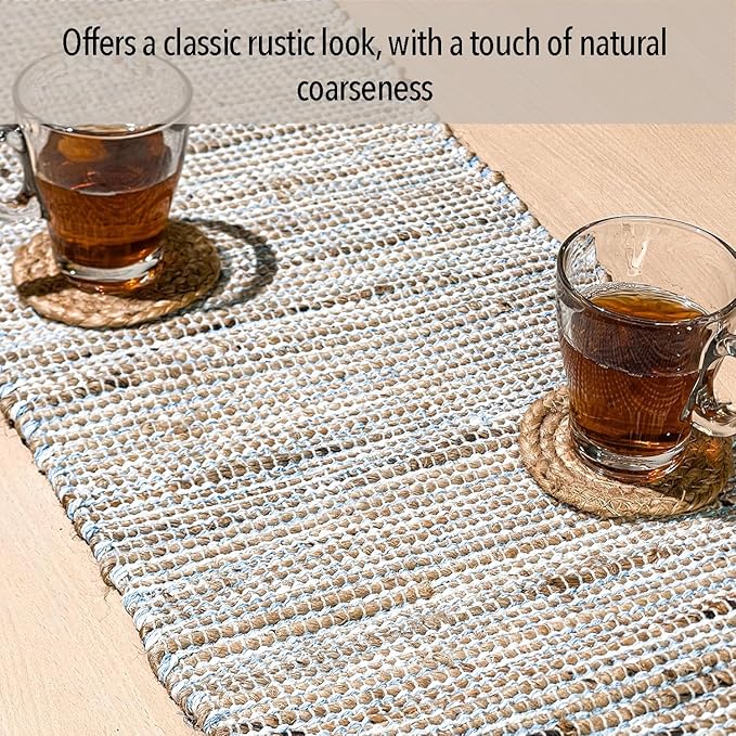 Chardin home Natural Jute Table Runner 13x36 Inch – Vintage Boho Rustic Table Decor – Handwoven Table Runner in Natural Jute and Sky Blue-White – Farmhouse Dining or Console Table Accent