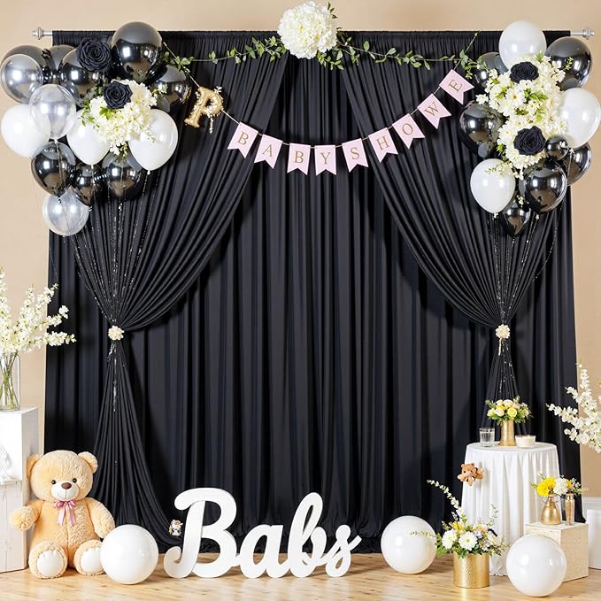 20ftx10ft Wrinkle Free Black Backdrop Curtain for Parties, 4 Panels 5x10ft Silky Polyester Photo Backdrop Drapes Back Drop Cloth for Wedding Birthday Photography Background Decor