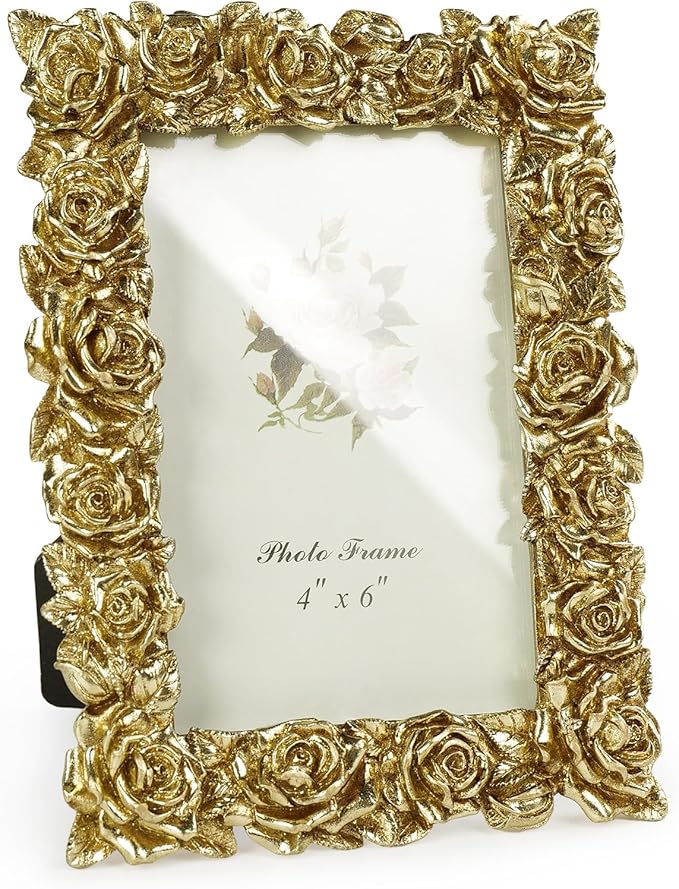 Cuspin Vintage Gold 4x6 Picture Frame, Gold Ornate Rose Flower Resin Photo Frame with Glass Front for Tabletop or Wall Hanging, Antique Picture Frames for Home Office Decor