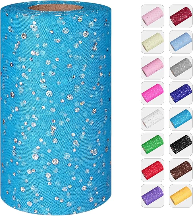 Glitter Tulle Rolls, 6” by 50 Yards (150FT) Netting Fabric Tulle for Tutu Skirts Sewing Birthday Wedding Party Decoration (Peacock Blue)