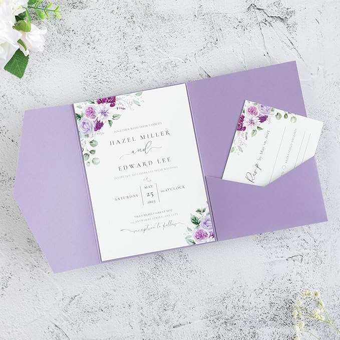 20 PCS Lilac Tri-fold Laser Cut Wedding Invitation Pockets for 5x7 Wedding Cards Bridal Shower Engagement Quinceanera Invitation