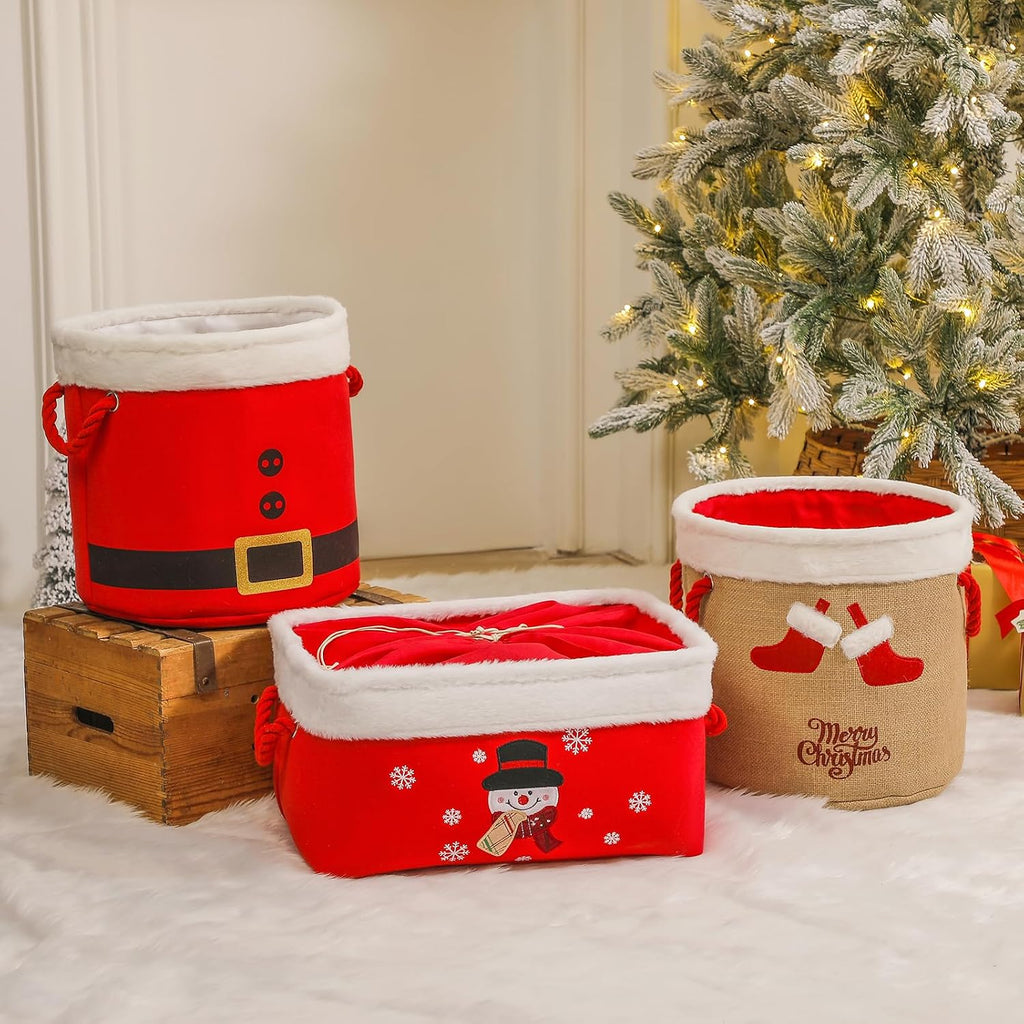 Christmas Gifts Baskets Empty Christmas Ornament Box Xmas Storage Baskets Canvas Toys Organizer Bin for Holiday, Snowman Raffle Basket Foldable Baskets for Nursery/Living room, Kids Toy Chest, Large