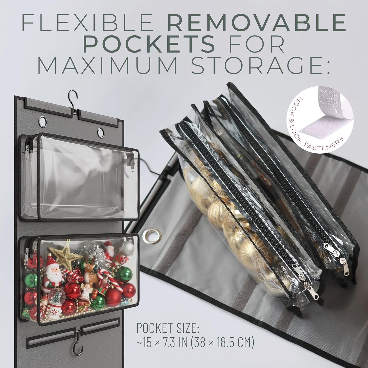 Hanging Wrapping Paper Organizer 63", Over-the-Door Gift Bag & Wrap Storage | Vertical Gift Wrap Holder with 4 Zipper Bags, Transparent Pockets & Hooks – Gift Paper Rolls, Ribbons & Accessories Storage