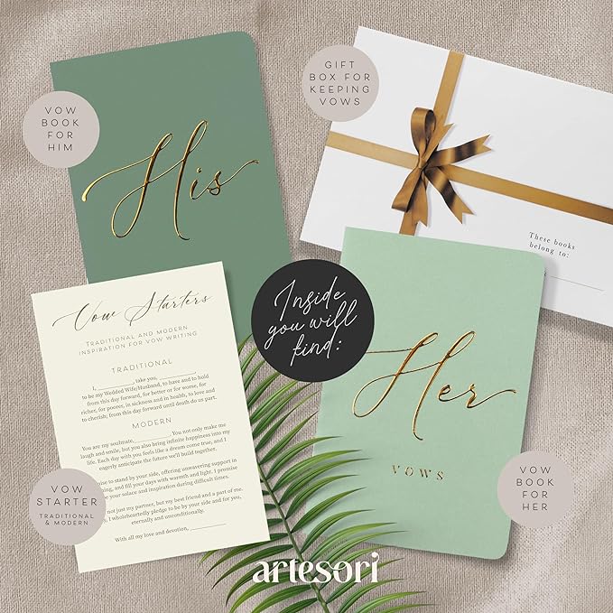 ARTESORI Premium Wedding Vow Book for Her & Him, Soft Touch, Gold Foil, 28 Lined Pages, Vow Books His and Hers, Wedding Essentials, Wedding Registry Ideas, His and Hers Gifts [Mint & Sage]