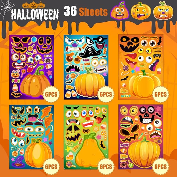 36 Sheets Halloween Stickers for Kids, Make A Pumpkin Face Stickers, Halloween Pumpkin Decorating for Kids Toddlers Party Favors Treats Party Games Goody Bag Filler