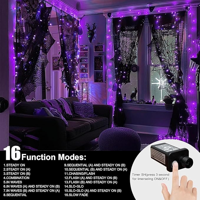 LAMPHOME 66ft Halloween Decorative Mini Lights, 200 LED Transparent Wire Fairy Starry String Lights Plug in, 11 Lighting Modes, for Halloween Decoration Outdoor Xmas Tree Party Decoration (Purple)