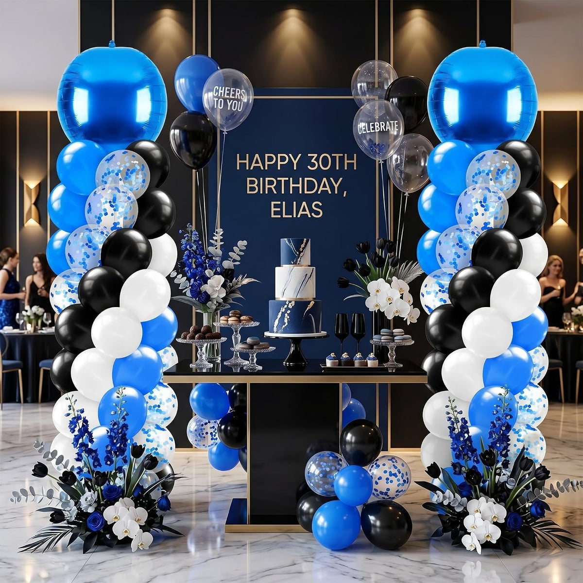 2 sets blue and black white balloon column shown in use