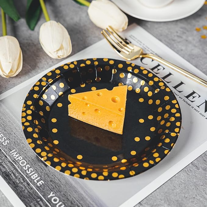 Lullaby 200PCS Black Paper Plates, Black and Gold Paper Plate, 100pcs Dinner Plates 9"，100pcs Dessert Plates 7", Disposable Graduation Plates with Golden Dot for Birthday party, Halloween