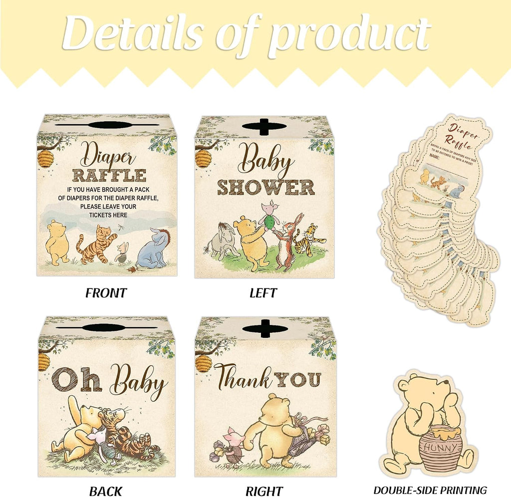 Winnie Baby Shower Decorations, Pooh Party Decorations, The Pooh Baby Shower Games, Winnie Diaper Raffle Box with 50Pcs Cards，Newborn Party Favors Boys and Girls First Birthday Supplies