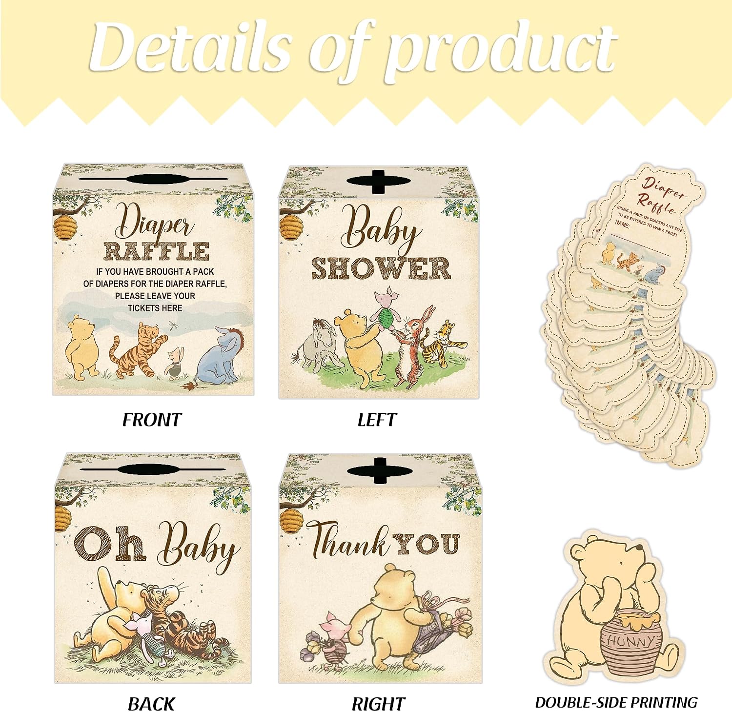 Winnie Baby Shower Decorations, Pooh Party Decorations, The Pooh Baby Shower Games, Winnie Diaper Raffle Box with 50Pcs Cards，Newborn Party Favors Boys and Girls First Birthday Supplies