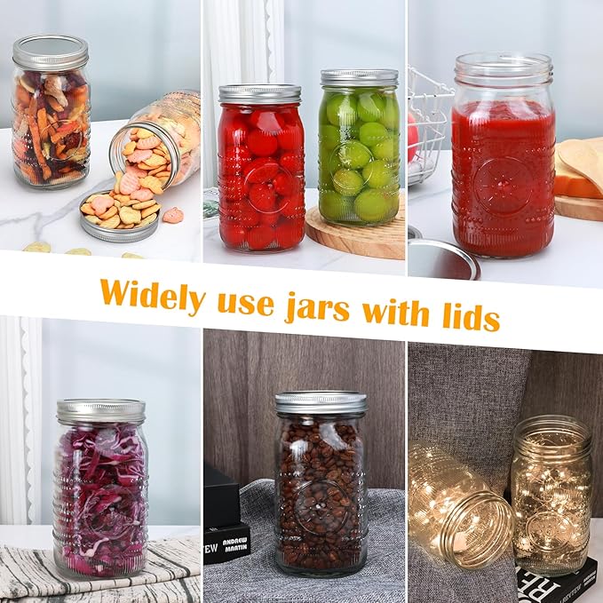 Encheng 12 Pack 32oz Wide Mouth Mason Jars with Lids and Bands,Clear Glass Canning Jars for Fermenting,Preserving,Quart Size Large Mason Jars for Jam,Pickling,Meal Prep,DIY Crafts