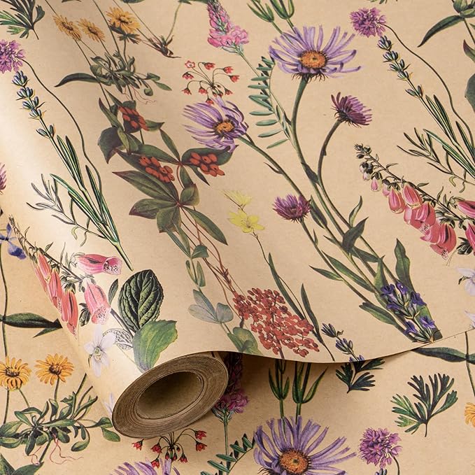 RUSPEPA Wild Flower Wrapping Paper Roll for Women, 17 Inches x 32.8 Feet, Mini Roll, Kraft Floral Design Wrapping Paper for Christian Gifts, Birthdays, Weddings, Bridal Shower and Engagement
