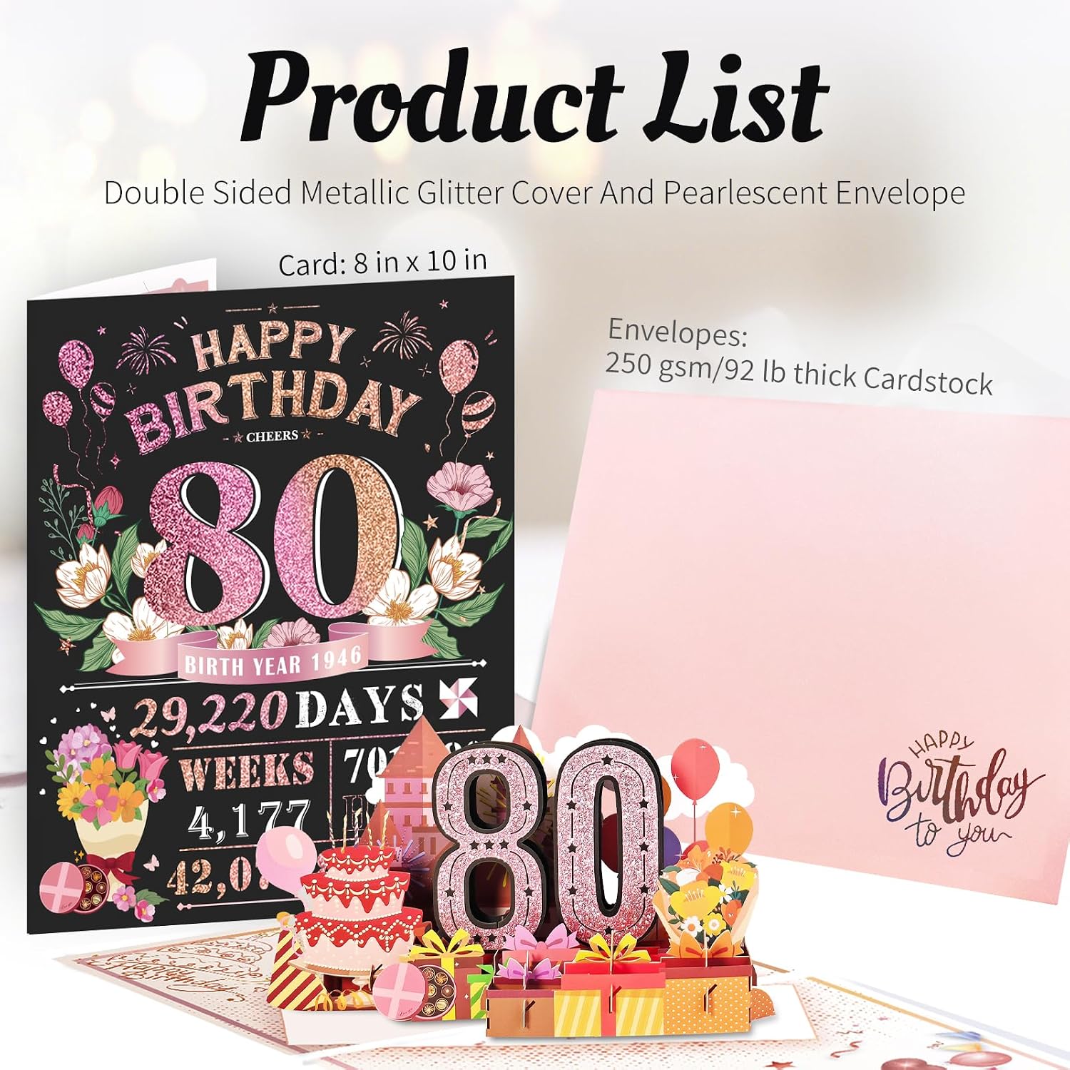 80th Birthday Card for Women Her, Large 3D Pop Up 80th Birthday cards forMom Grandma, Happy 80 Year Old Birthday Decorations for Wife Sister Funny Birthday Gifts, Back to 1946, Pink