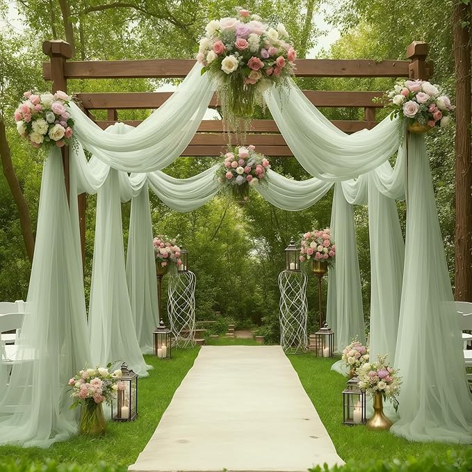 Sage Arch Drapes for Wedding Arch Draping Fabric Sheer Backdrop Curtain for Ceremony Bridal Party Decor 19Ft Length x 28" Width 4 Panels