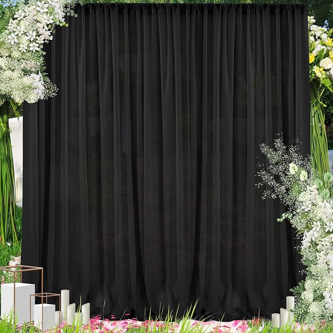 PARTISKY 10ftx7ft Black Chiffon Backdrop Curtains, Wrinkle-Free Sheer Fabric Photo Drapes for Wedding Ceremony Arch Birthday Baby Shower Photography Stage Decor 5ft x 7ft, 2 Panel