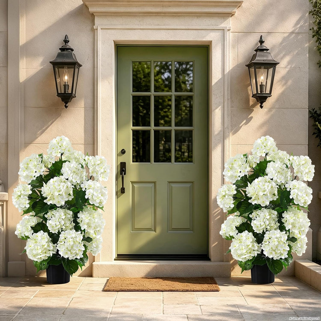 livole 2pcs artificial hydrangea tree potted for outdoor shown in use
