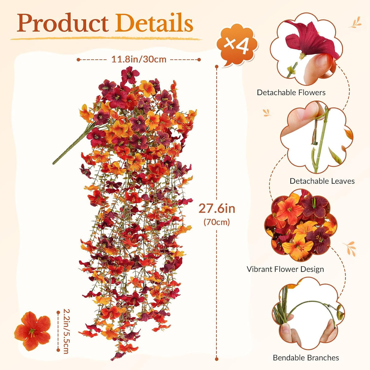 upgrade big artificial hanging fall flowers for outdoors, close-up detail