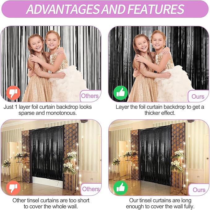 Crosize 8 Pack 3.3 x 9.9 ft Black Foil Fringe Curtains Party Decorations, Black Tinsel Curtain Backdrop for Parties, Door Streamers, Glitter Streamer Backdrop for Birthday Decoration