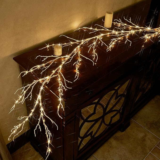 LITBLOOM Birch Garland with Lights 6FT 120 Fairy Lights Plug in, Lighted White Twig Vine Garland for Home Mantle Wall Christmas Decoration Inside Outside