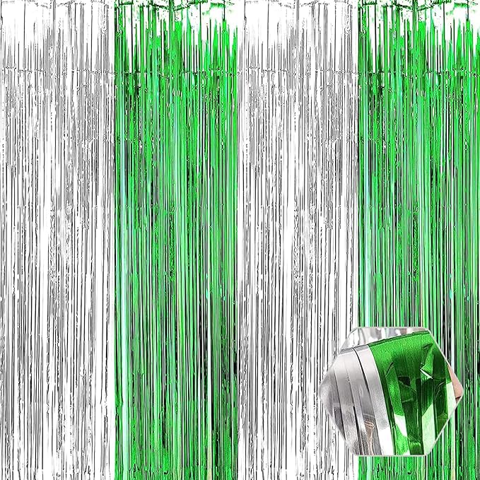 6 Pack Silver Green Foil Fringe Curtain Backdrop, 3.28Ft x 8.2Ft Metallic Tinsel Foil Fringe Streamer Curtains for Photo Booth, Birthday, Wedding, New Year Party Decorations