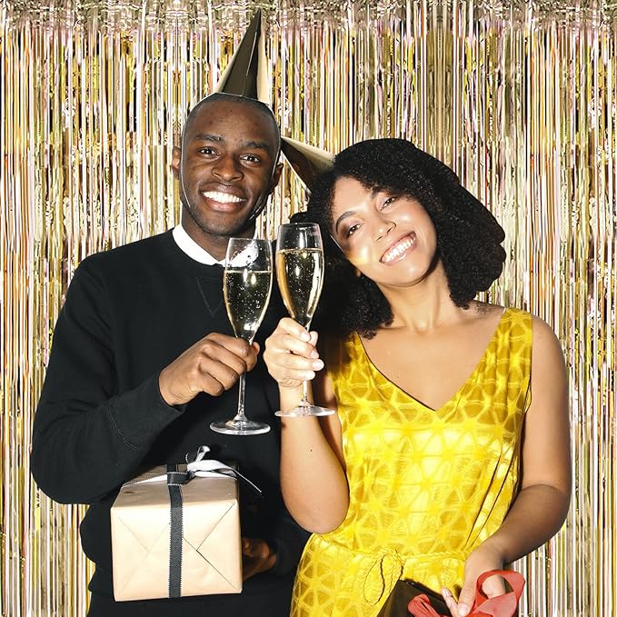 10 Pack Champagne Gold Backdrop Curtain 3.2ft x 8.2ft Metallic Tinsel Foil Fringe Curtains Photo Booth Background for Birthday Party Decoration Engagement Wedding Christmas Decor (Champagne Gold)