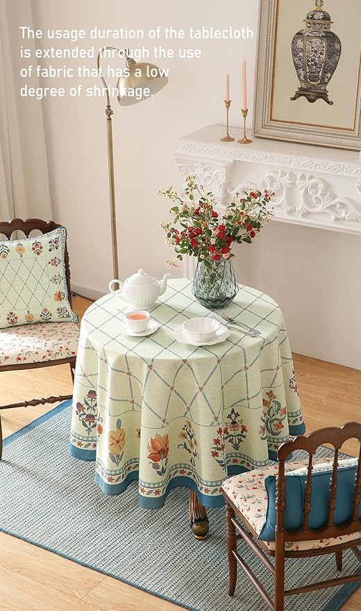 ISAENNE Designer Linen Floral Small Round Tablecloth,Light Green Farmhouse Durable Table Cloth,Washable Decor Tablecloths for Dining Kitchen Thanksgiving Christmas,Diameter 55"-Floralsea B