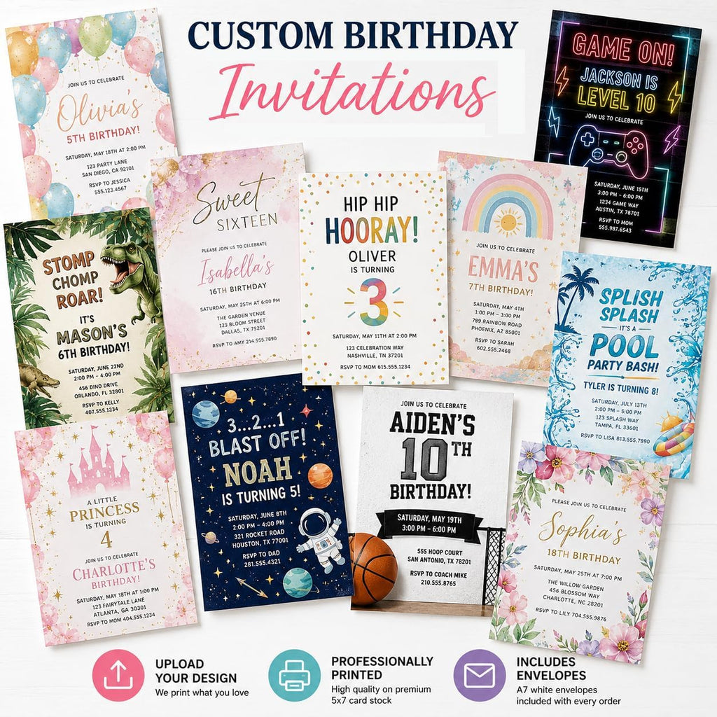 20-100 Custom Invitations with Envelopes, Personalized 5x7 Cards, Upload Your Own Design, Premium 18pt Cardstock, Birthday, Baby Shower, Wedding, Graduation, Save the Date, Thank You Cards