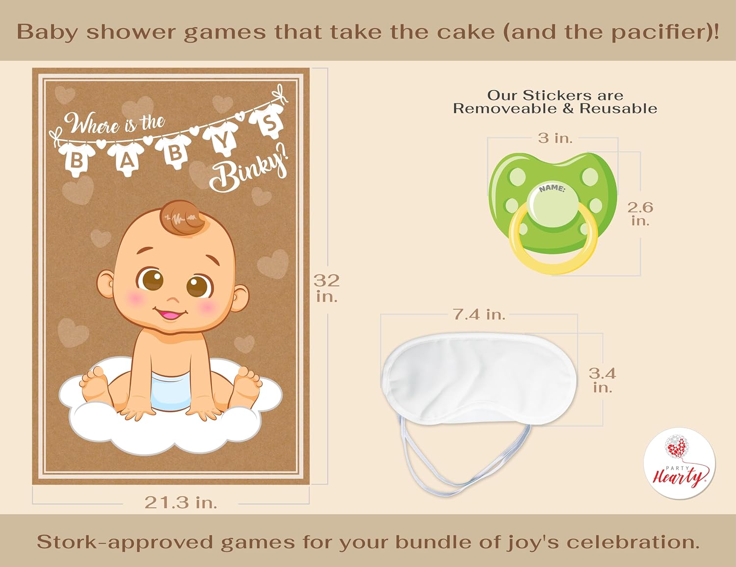 Party Hearty Pin the Pacifier on the Baby, Baby Shower Game - Kraft Boy | 1 Large Poster, 56 Colorful Binky Stickers, 1 Blindfold & Double-Sided Tape