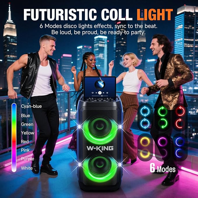 W-KING Portable Speaker Bluetooth Partybox Loud, 370W MAX Pro Sound, Deepest Bass,Large Outdoor Boom Box Wireless,Telescopic Handle&Sturdy Wheels, 25H, Futuristic Light,CSB,MIC&Guitar in,Fast Charge