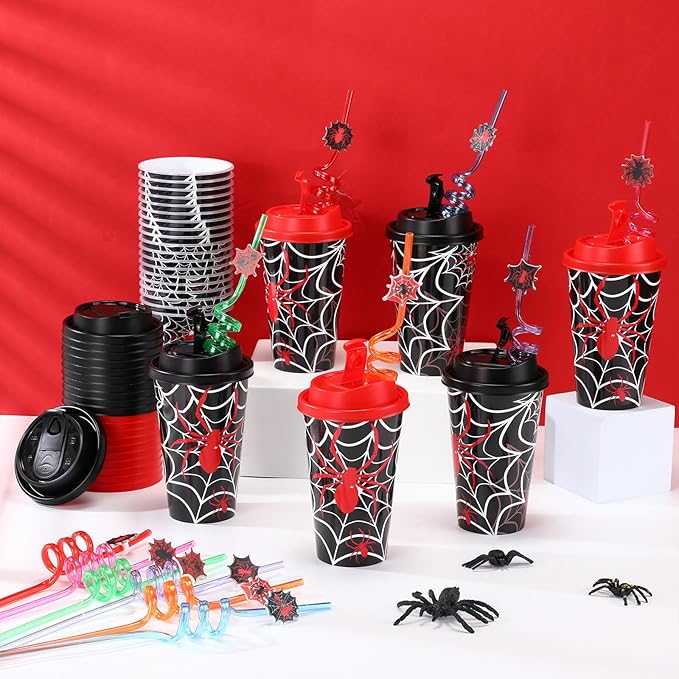 Yungyan 36 Sets Spider Party Favors Goodie Cups with Lids and Straws for Halloween Party Decorations Reusable 16oz Plastic Candy Cups Plastic Straws for Birthday Gift (Spider)