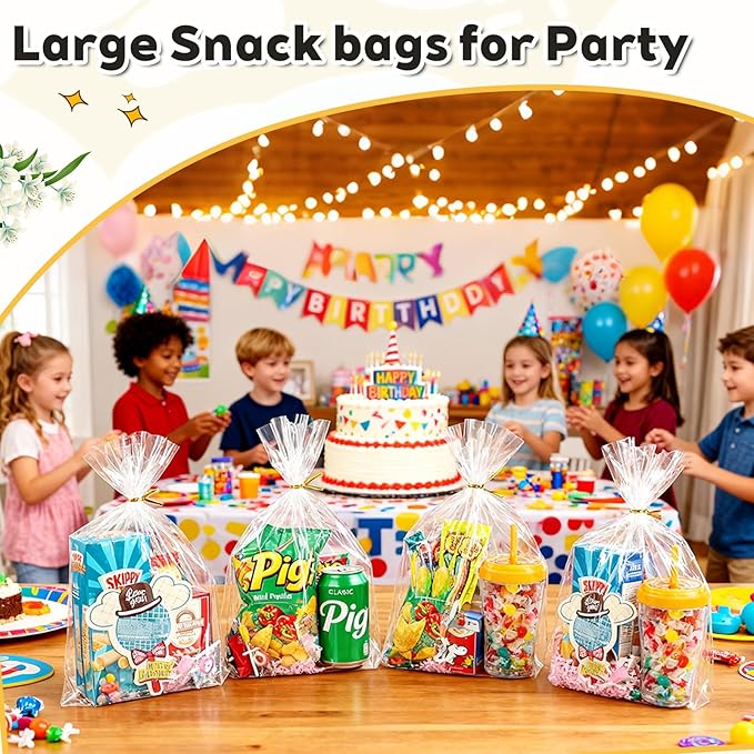 PigPotParty 12"x 16", 50Pcs Bottom Gusset Bags, Clear Plastic Cellophane Gift Mug Treat Goodie Bags with 50x Twist Ties, Large Party Favor Packaging, Toy Wrapping (No Side Gusset)