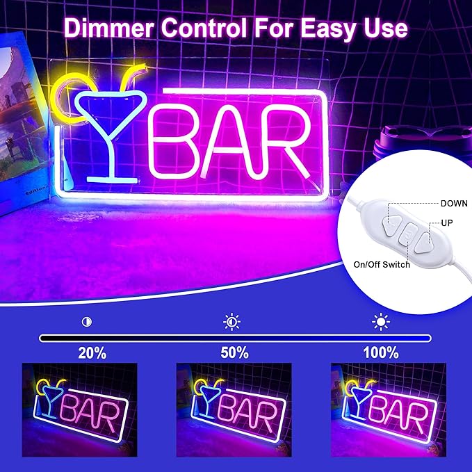YSMNDE Bar Neon Sign, Bar Signs for Home Sign with Dimmer Switch, USB Powered Bar LED sign For Wall Decor, Perfect for Home, Club, Bistro, Man Cave Party Decorations
