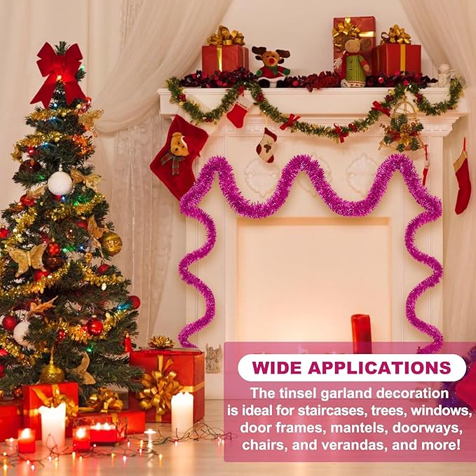 25 Feet Fuchsia Christmas Tinsel Garland, Metallic Foil Twist Banner Wall Hanging Tinsel Streamers Backdrop for Parade Floats, Christmas, Mother's Day, Birthday Party Decorations(4in x 25ft)