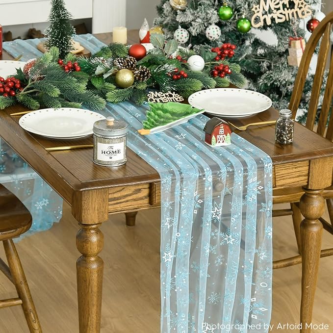 Artoid Mode Blue Snowflakes Christmas Gauze Table Runner 120 Inch 10FT, Winter Seasonal Sheer Dining Holiday Wedding Table Decor for Home Party