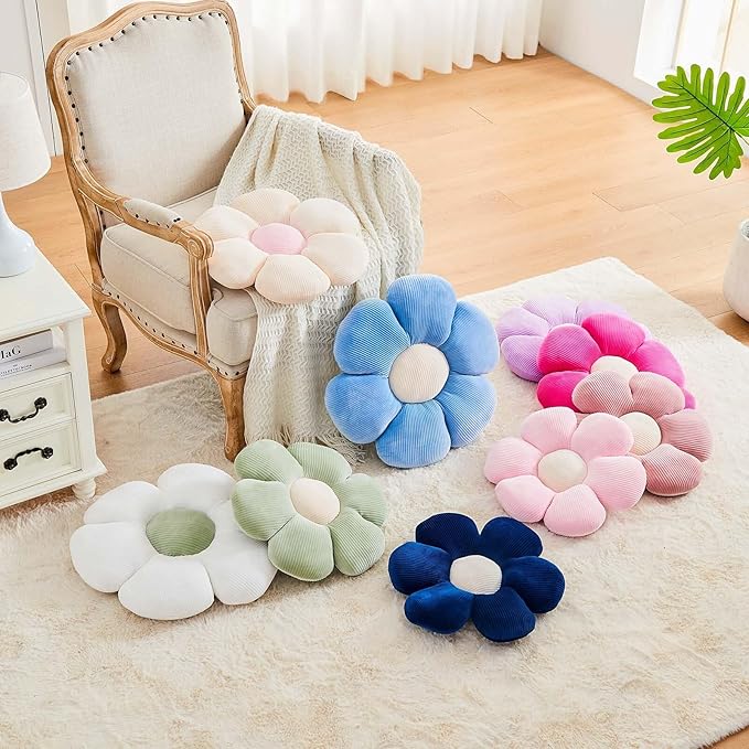 Navy Flower Pillow, 14.9" Cute Flower Shaped Floor Pillow, Aesthetic Floral Plush Daisy Decorative Throw Pillows for Bed Sofa Couch