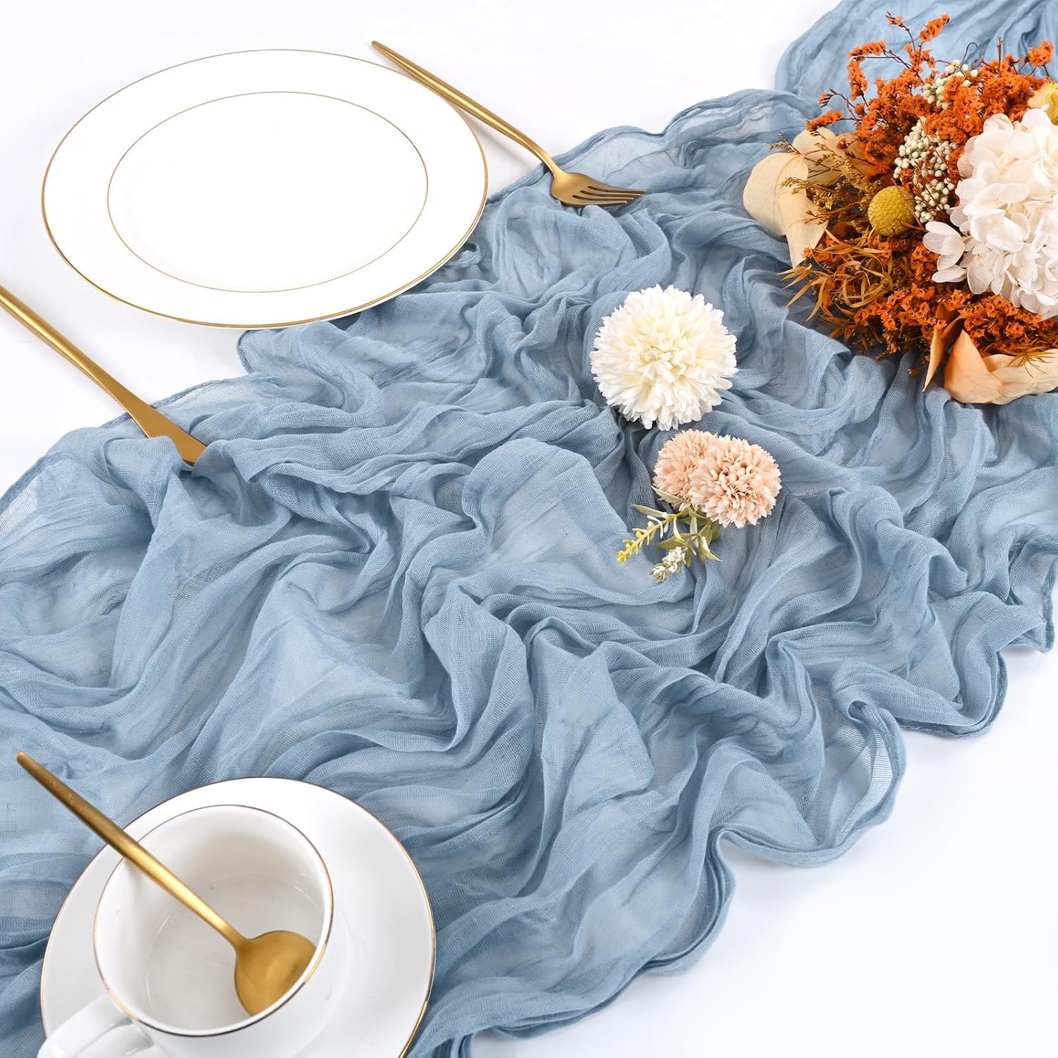 10 Pack Dusty Blue Cheesecloth Table Runner 17x108 Inch Boho Gauze Cheese Cloth Table Runners for Wedding Party Baby Shower Birthday Home Decor