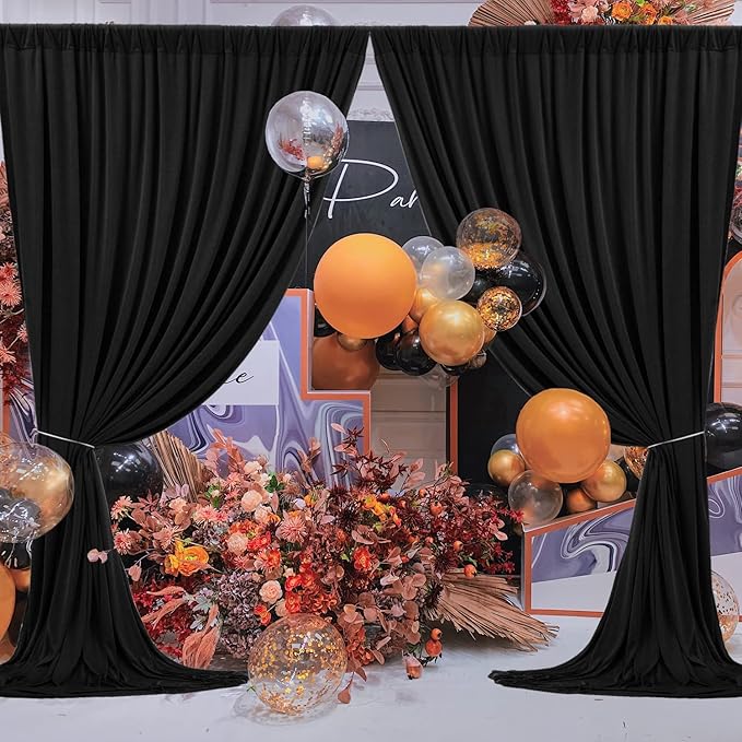 10 ft x 8 ft Wrinkle Free Black Backdrop Curtain for Parties, Polyester Black Photo Backdrop Drapes for Graduation Birthday Wedding Party Stage Curtains