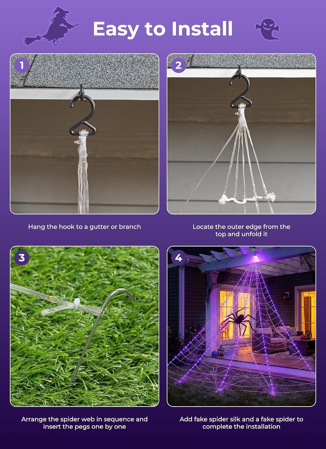 Halloween Decorations Spider Web Lights, 255 LED 16.4Ft Light Up Spider Web, ...