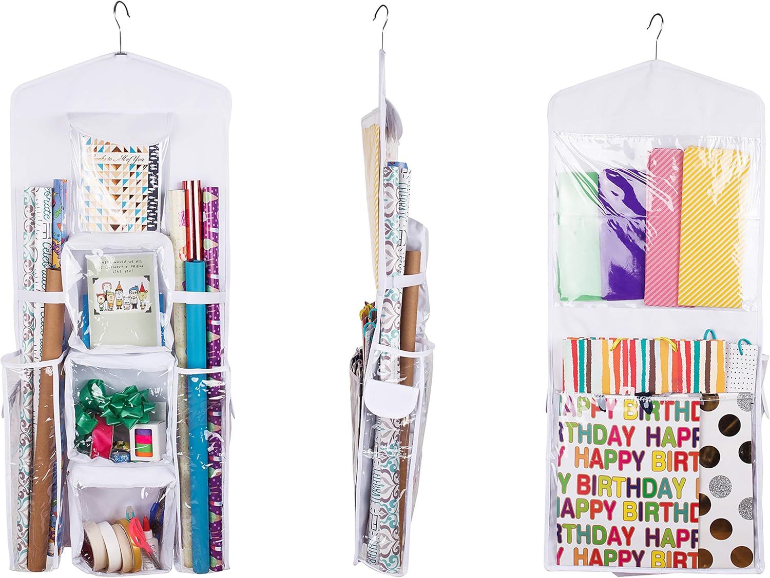 Double-Sided Hanging Gift Bag and Gift Wrap Organizer (White)