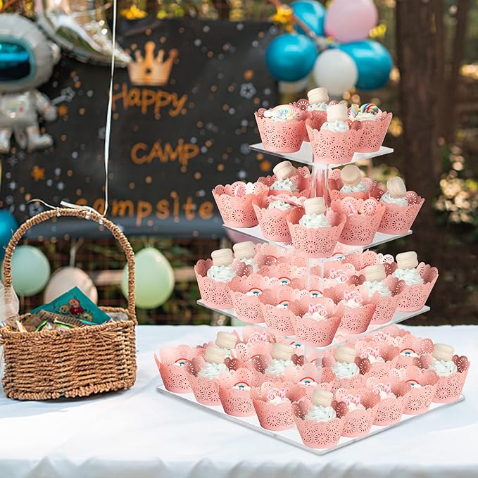 Cupcake Stand, 4 Tier Square Acrylic Cupcake Display Stand Holder, Clear Dessert Pastry Tower for Wedding, Birthday, Theme Party, Baby Shower