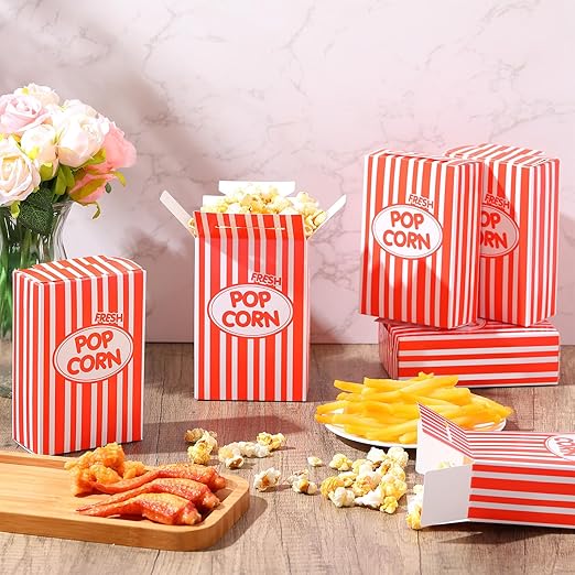 Xinnun 300 Pcs Paper Popcorn Boxes 1 oz Close Top Oil Proof Disposable Popcorn Container 6 x 4 x 2 Inch Stripes Leak Proof Popcorn Boxes for Party Movie Party Theater Night Birthday (Red)