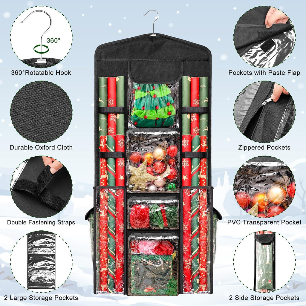 Wrapping Paper Organizer Storage, AHIER Hanging Double-Sided Gift Bag Storage Organizer with Multiple PVC Clear Pockets for Festival Christmas Wrapping Paper Storage(40"x17")