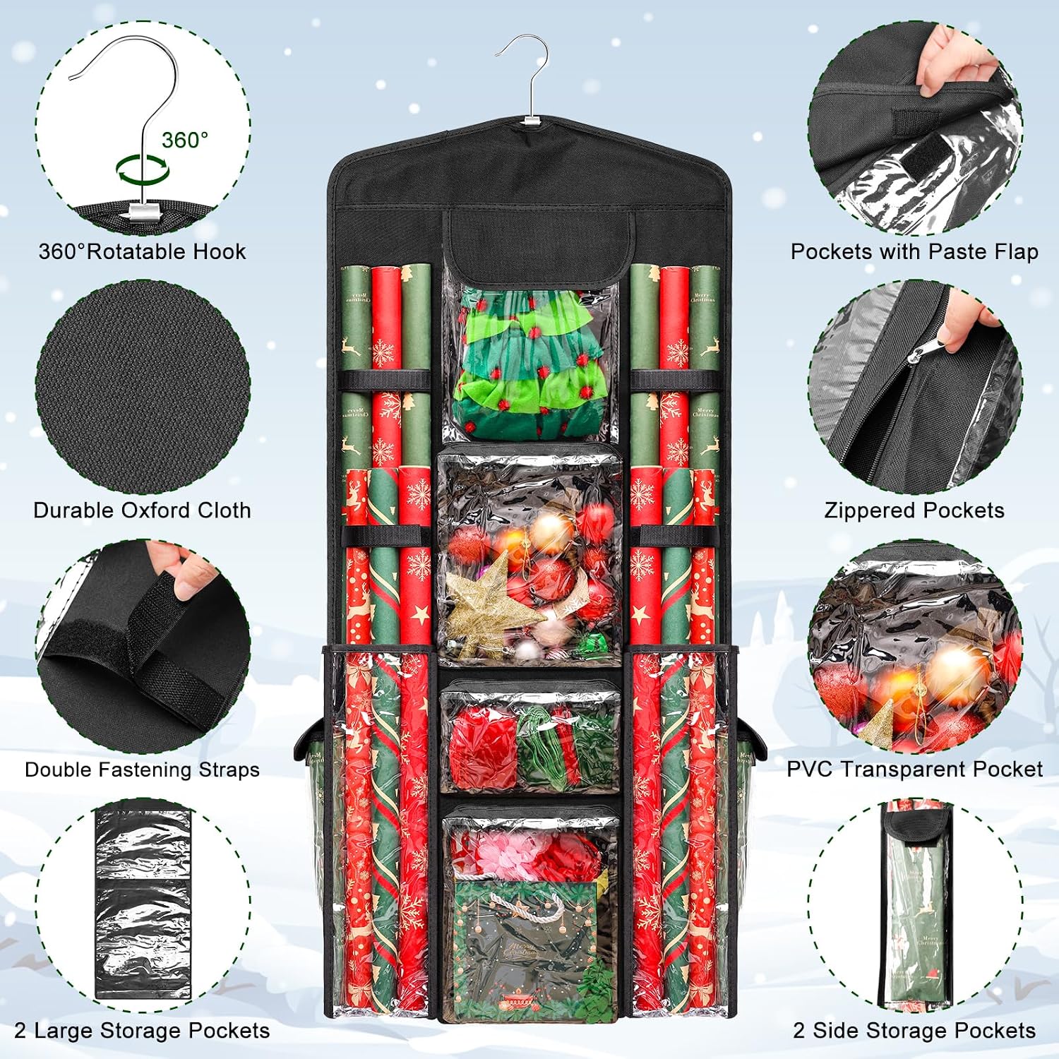 Wrapping Paper Organizer Storage, AHIER Hanging Double-Sided Gift Bag Storage Organizer with Multiple PVC Clear Pockets for Festival Christmas Wrapping Paper Storage(40"x17")