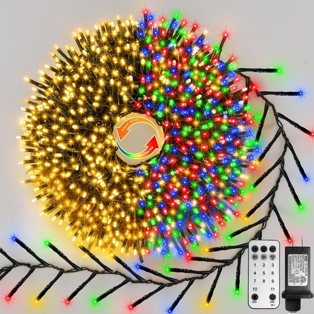 dual color 100ft 2000 led cluster christmas string, main product view