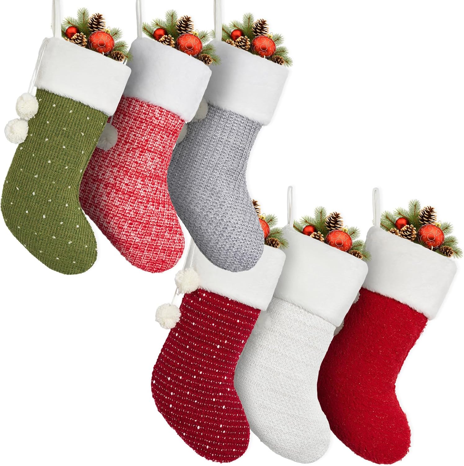 Mostop Christmas Stockings, 6 Pack Cable Knitted Xmas Stockings with Pompom for Xmas Holiday Decor