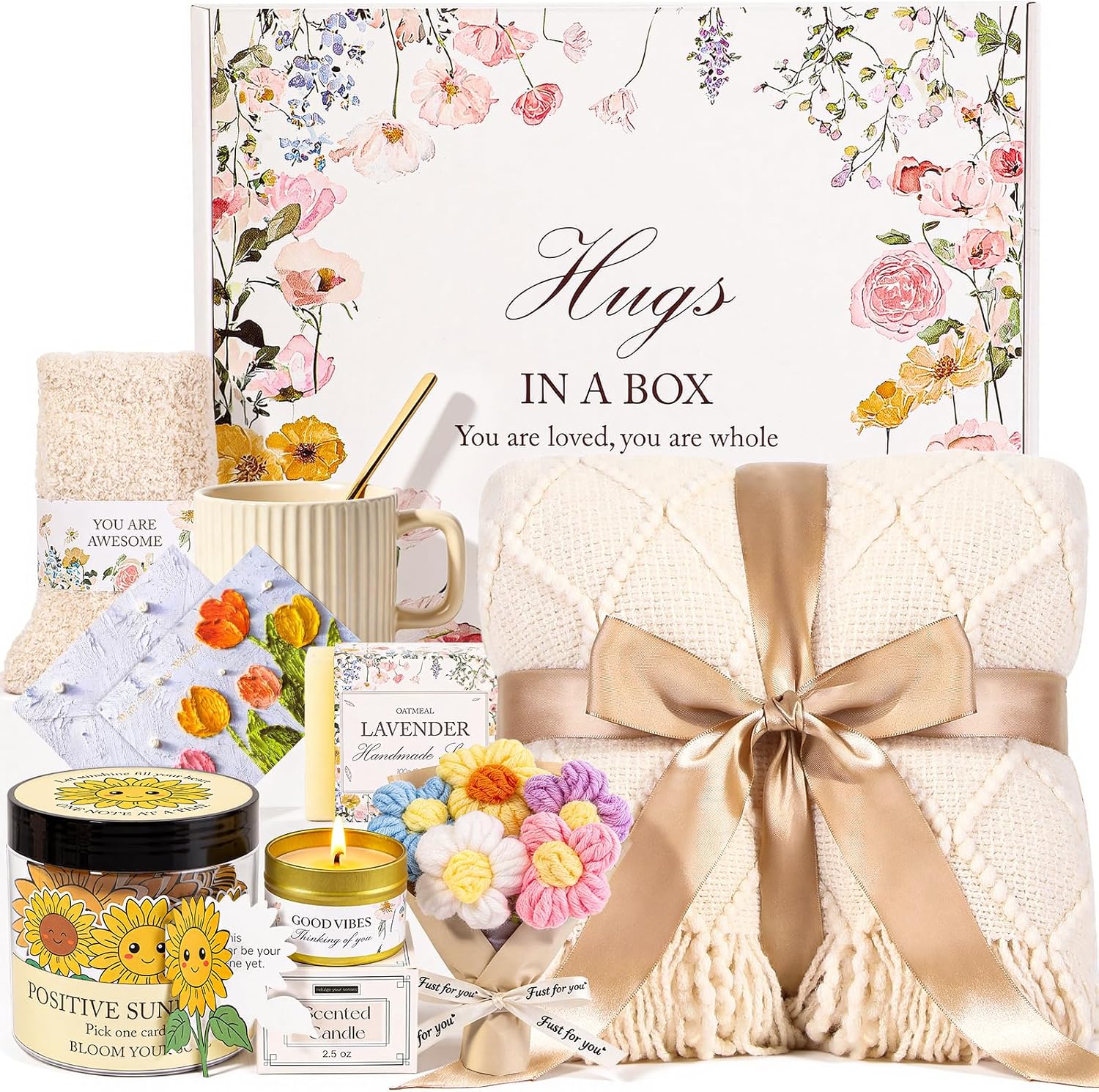 Get Well Soon Gifts for Women, Sunflower Birthday Gifts Women Mom Wife | Care Package Spa Gifts with 30 Affirmation Cards Jar Flower, Sympathy Gift Box, Christmas Gift Baskets for Woman