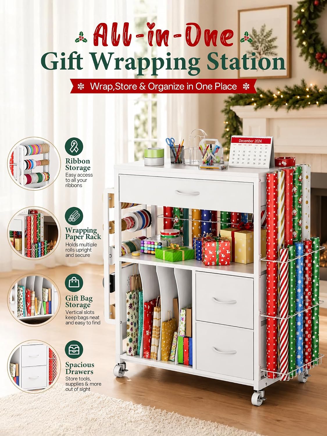 PUNLUXU Wrapping Paper Storage Cart, Rolling Gift Wrap Station with Ribbon and Gift Bag, Craft Organizer Holder, 03 MAX Patent Protected